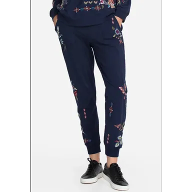 Johnny Was DREAMER FRENCH TERRY JOGGER Midnight Pool Navy Blue Embroidered XS