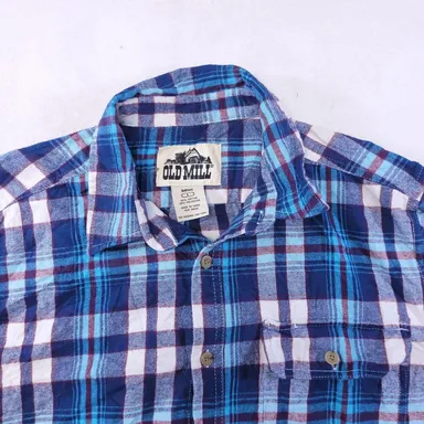 Old Mill Tartan Flannel Casual Button Up Shirt Mens Size Large L Blue White