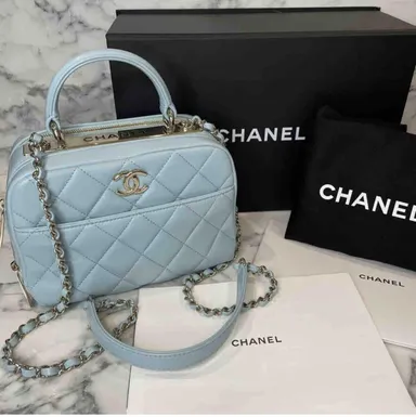 CHANEL 2019 Light Blue Lambskin Quilted Matelasse Small Trendy CC Bag