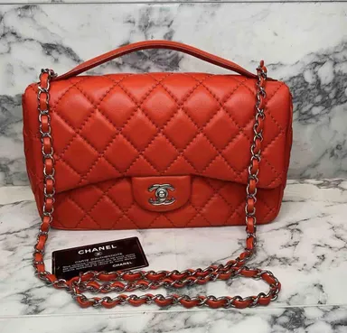CHANEL 2015 Easy Carry Coral Lambskin Leather Quilted Medium Flap Bag SHW