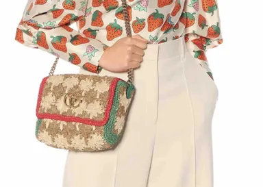 GUCCI 2019 Tan Raffia Flower Crochet Web Trim GHW GG Marmont Shoulder Bag