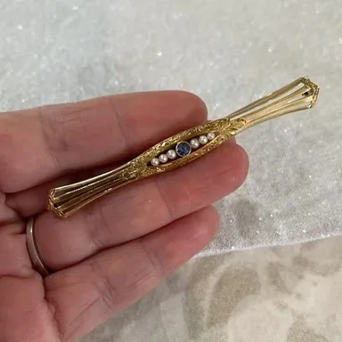Vintage 14 karat gold seed pearl and sapphire pin