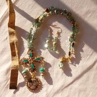 Epic Vintage Boho turquoise bling Gucci Cross Necklace & Earrings set, handmade