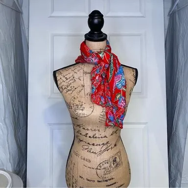 Vintage ECHO Red Blue Red Pink Tan White Floral Print Scarf