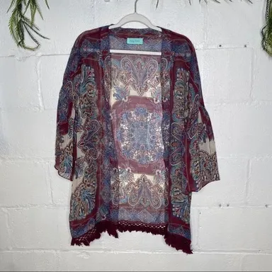 Filly Flair Multicolored Paisley Print Bell Sleeve Open Front Kimono Size S-M