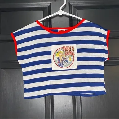 Vintage Hands Down NAVY GIRL Glittery Blue White Red Striped Crop Top Size Large