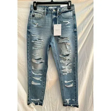 KanCan Rainbow Thread distressed denim jeans size 1/24 NWT loose fit 100% cotton