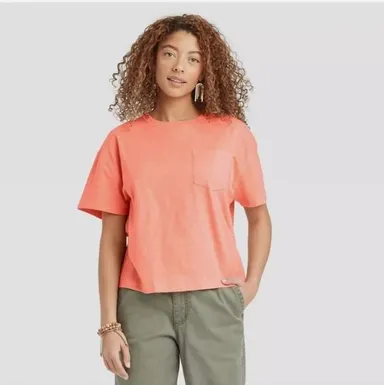 Universal thread women's boxy crew neck T-shirt with pocket, Coral