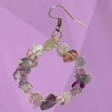 Hand Crafted Rainbow Fluorite Chip Earrings Dangle Hoop Purple Boho Pierced