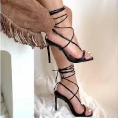SCHUTZ Vikki Sandal in black size 6.5 wrap up strap  heel sandal