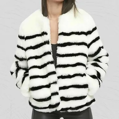 GAP Faux Fur Coat White Black Stripe Jacket - Size XS EUC