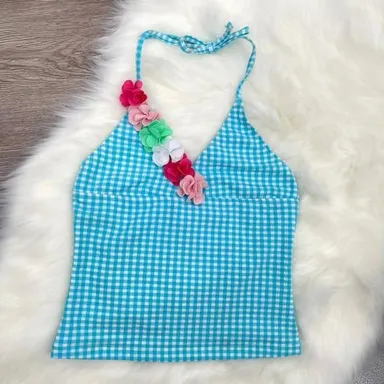 NEW - TOMMY BAHAMA Turquoise Gingham Swimsuit Halter Top - Girls Sz 12