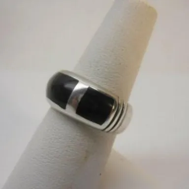 Solid Sterling Silver Black Onyx Inlay Band Ring 925 Sz 8  #SS477
