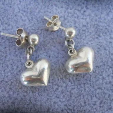 925 Sterling Dangle Heart Earrings on Posts Backs Vtg P10056