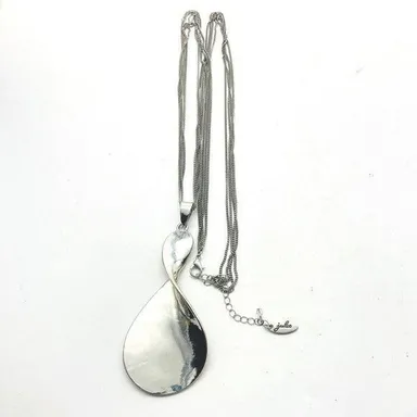 Jules Signed Twisted Tear Drop Medallion Necklace Silver Tone Multistrand Chain