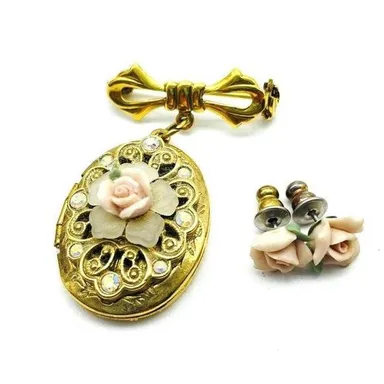 Pink Rose Dangle Locket Brooch and Earring Set Gold Tone Aurora Borealis Classic
