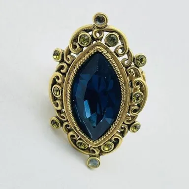 T Tahari Signed Blue Marquise Crystal Statement Ring Antiqued Gold Tone 6.75