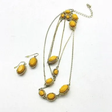 Mustard Yellow Framed Faceted Bead Necklace and Pierced Earring Set Gold Tone