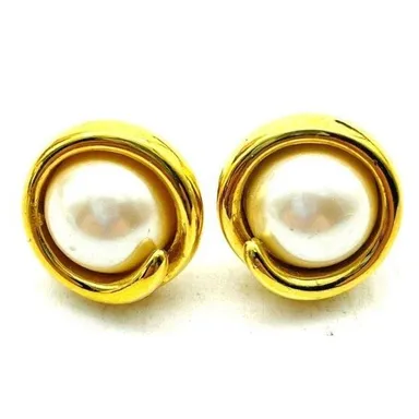 Monet Signed Wrapped Faux Pearl Pierced Earrings Gold Tone Post Classic Bridal