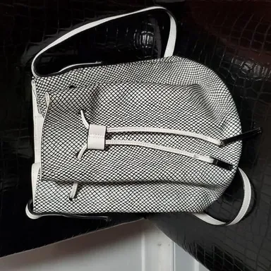 White and Black Halston Heritage Leather Drawstring Satchel Bucket Bag