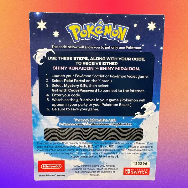 Pokémon Scarlet/Violet Shiny Miraidon & Koraidon Code Card – 6IV Legendary Pokémon For Nintendo Switch