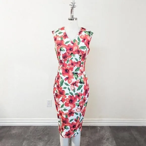 Calvin Klein Floral V Neck Scuba Knit Dress White Red Green 4 summer  wedding  Whatnot: Shop, Sell, Connect
