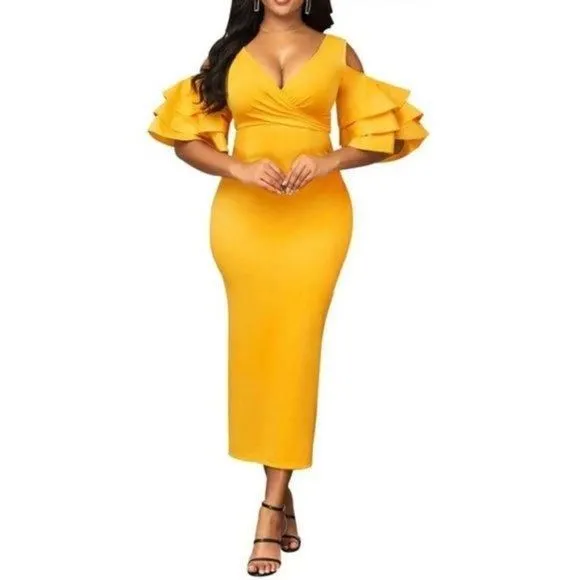 formal plus dresses for women Plus Size Gold Formal V Neck Long Sleeve High Waist Pleated Maxi Dress