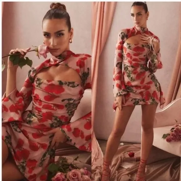House of CB 'Toira' Satin Rose Print draped corset mini dress NWOT size XS   Whatnot: Shop, Sell, Connect