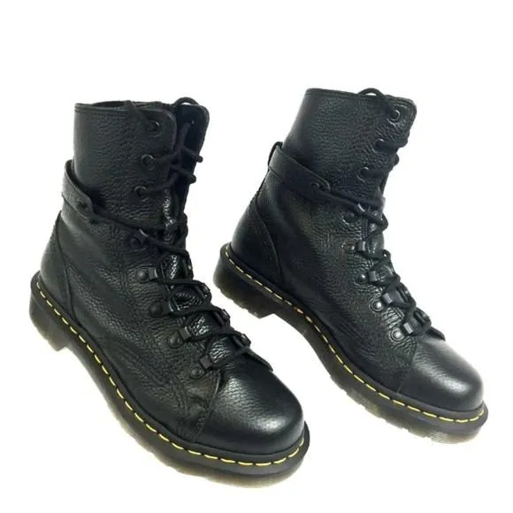 DR Martens Coraline combat moto pebbled leather black boots size