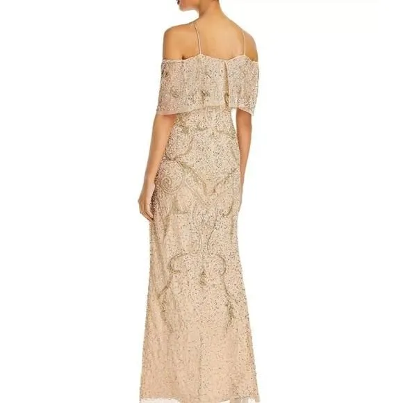 aidan mattox cold shoulder sequin dress Nude Gray cold Shoulder Beaded Sequin Formal Gown Maxi Dress size 4