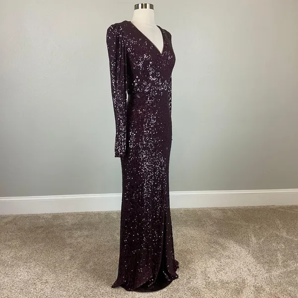 Xscape Women's Formal Dress Size 6 Purple Sequined Long Sleeve Thigh 