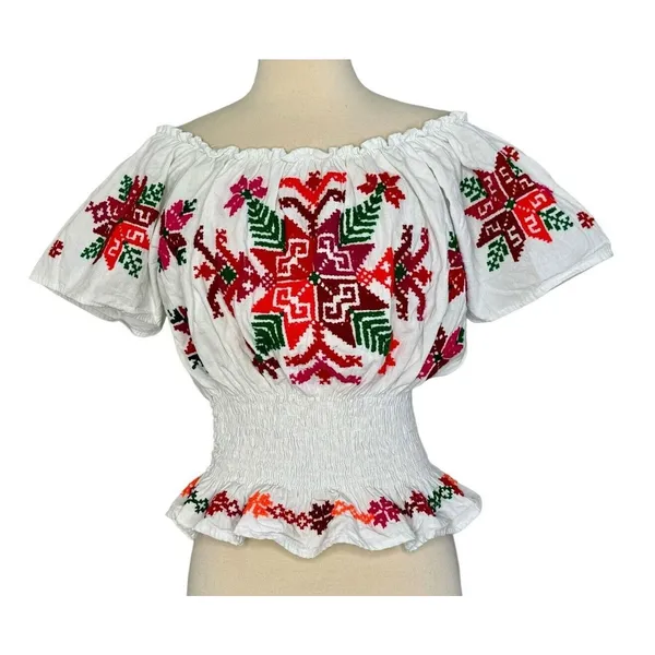 Mexican Embroidered Peasant Blouse Floral Ethnic Authentic White ...