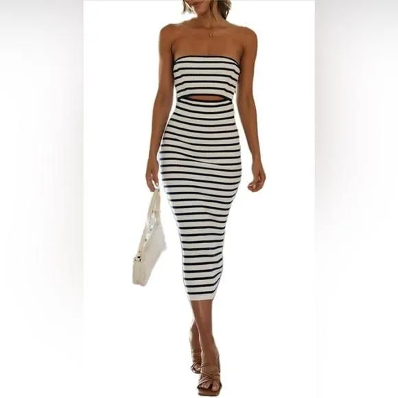 464. MEDIUM NWT LEANI Women's Summer Bodycon Midi Tube Dress Strapless Cutout Kn1