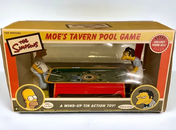 NIB The Simpsons Moe's Tavern Pool Game Tin Game Wind Up Toy 2002